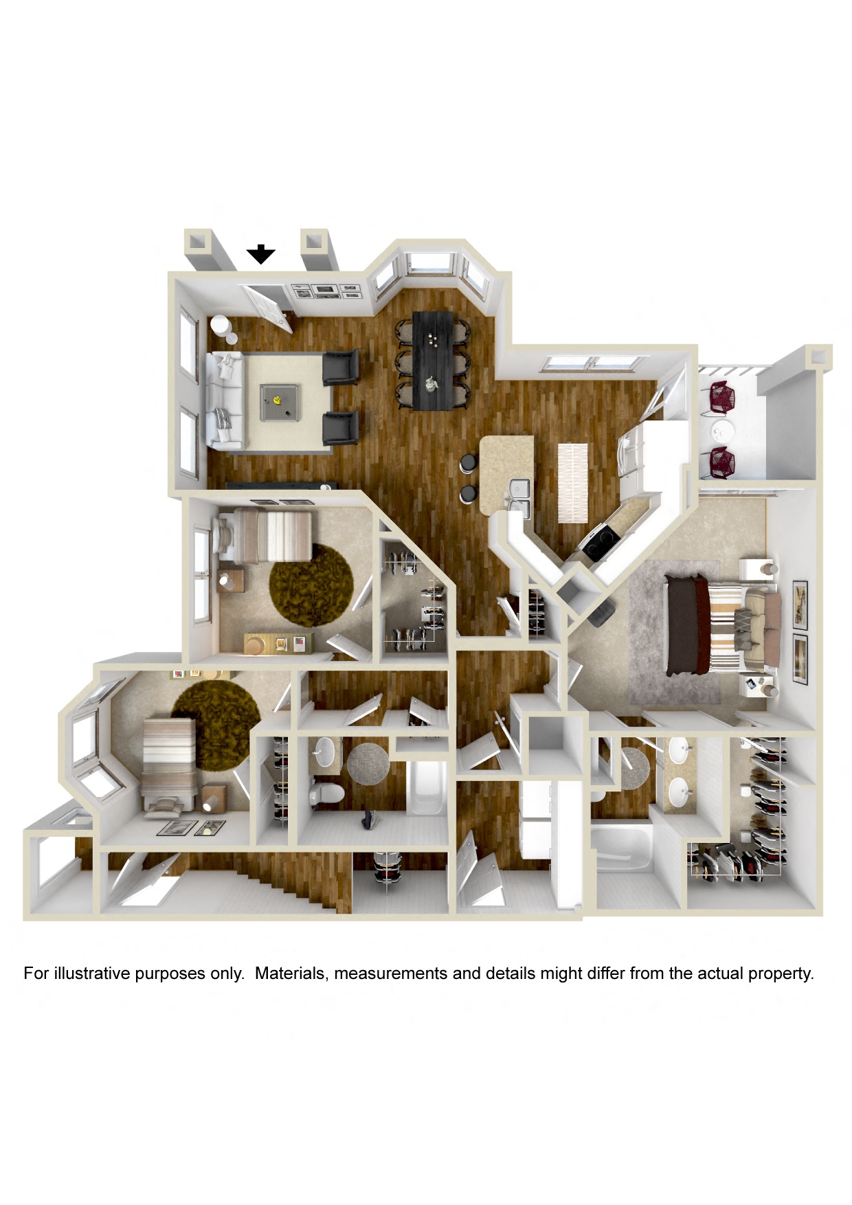 Floor plan for 3 beds, 2 baths, 1373 sqft